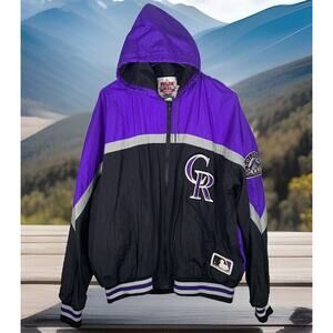 Vtg 90s Colorado Rockies Black Nylon Windbreaker Jacket Mens Size XL Hooded